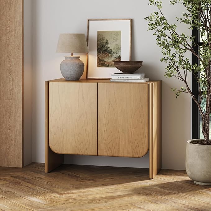 Nathan James Jacala Mid Century Modern Entryway Storage Cabinet with Doors, Living Room Accent Cabinet with Wood Frame, Raw Oak