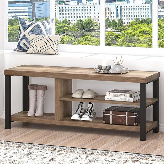 FOLUBAN Shoe Bench for Entryway, Wood and Metal Indoor Bench with Shoe Storage and Seating for Bedroom, Hallway, Living Room, Rustic Oak, 43.3 Inch