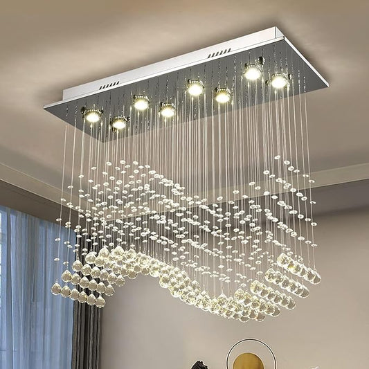 Siljoy 8-Light Modern Wave Raindrop Crystal Chandelier, Luxury Chrome Rectangular Flush Mount Crystal Pendant Ceiling Light for Dining Living Room Kitchen Island L31.5'' x W12'' x H28''