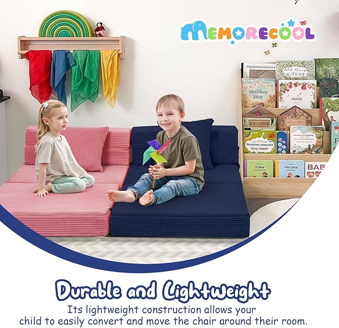 MeMoreCool Kids Fold Out Sofa Chair – Navy Corduroy Tri-Fold Floor Futon for Toddlers, Portable Sleeper Couch with Washable Cover Soft Convertible Lounger | High-Density Foam Mattress