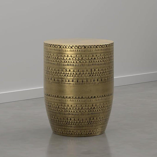 SIMPLIHOME Johnsen Tribal Accent Table – 15 inch Wide Round Metal Drum Table in Burnished Gold, Boho Modern Side Table for Living Room with Embossed Tribal Pattern, Assembled