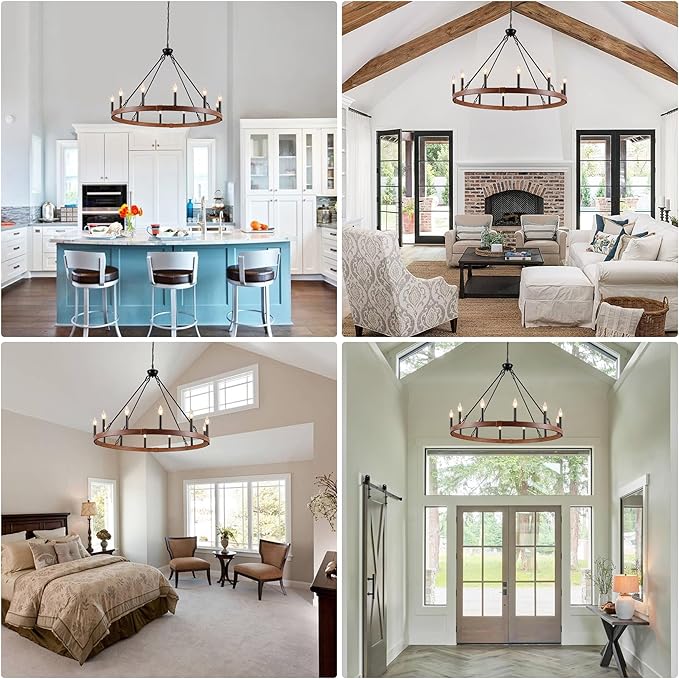 37.4 inch Wagon Wheel Chandelier with Wood Grain Finish, 12-Light Large Round Farmhouse Chandeliers for High Ceilings Dining Room Living Room Foyer Entryway Outdoor Porch