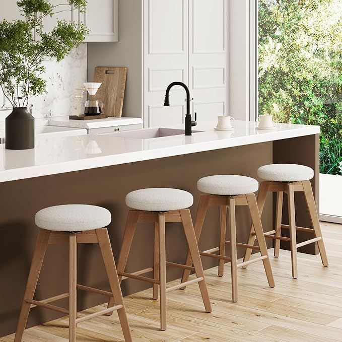 Nathan James Amalia Bohemian Swivel Bar Stool, Backless Counter Height Boucle Counter Stool with Solid Wood Legs and Upholstered Seat, White Oak Set of 4