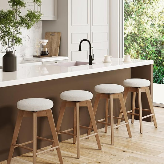 Nathan James Amalia Bohemian Swivel Bar Stool, Backless Counter Height Boucle Counter Stool with Solid Wood Legs and Upholstered Seat, White Oak Set of 4