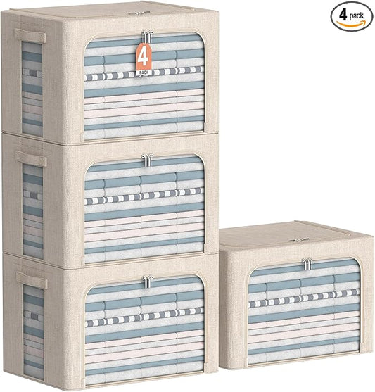 4 Pack Clothes Storage Bins with Metal Frame - Linen Fabric Foldable Stackable Container Organizer Set with Clear Window & Carry Handles & Zippers (Beige, 23.6"x16.5"x15.7")