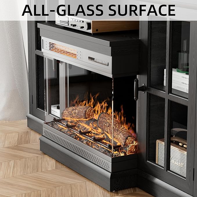 YESHOMY Glass Fireplace TV Stand for Televisions up to 65", Media Entertainment Center Console Table with Doors Closed Storage, Black