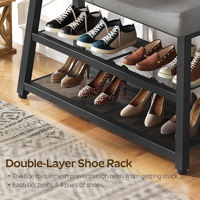 Shoe Bench, 3-Tier Shoe Rack, Entryway Bench with Storage and Cushion, for Hallway, Foyer, Bedroom, Gray and Black HX02BG
