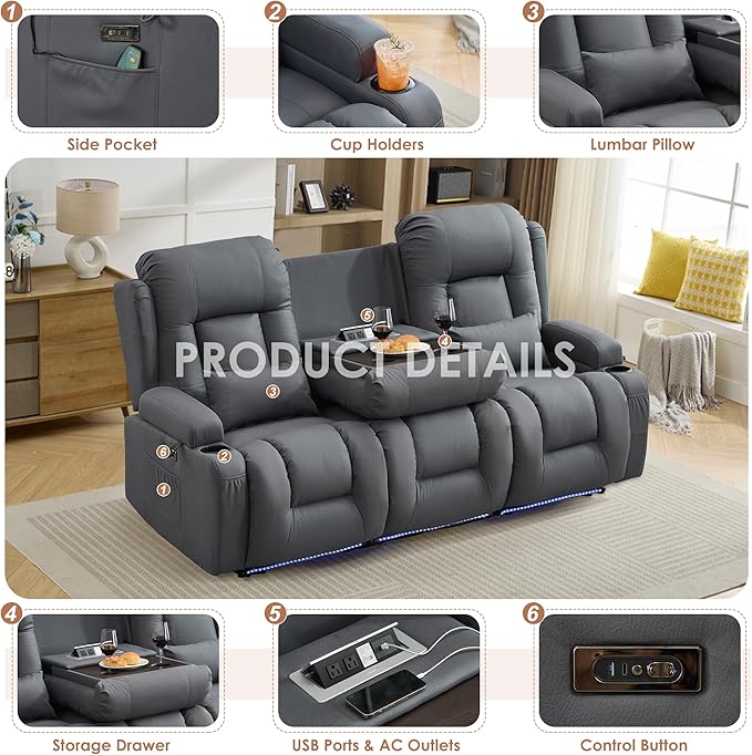 TUNYI Wall Hugger Loveseat Recliner Sofa with Console, Power Reclining Loveseat RV Couch with Massage & Heat/USB/Outlet/Storage/LED Light (Blue, 3 Seat)