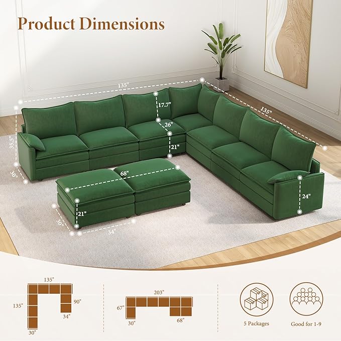 Vesgantti Large Modular Sectional Sofa, Big Comfy Cloud Couch with Ottoman Deep Seat Chenille Cloud Sofa, 9 Seater Large Sectional Couches for Living Room, Bedroom and Apartment, Green | Sink-in Comfort, Height Adjustable, Easy Rearrangement, Extra-dee...
