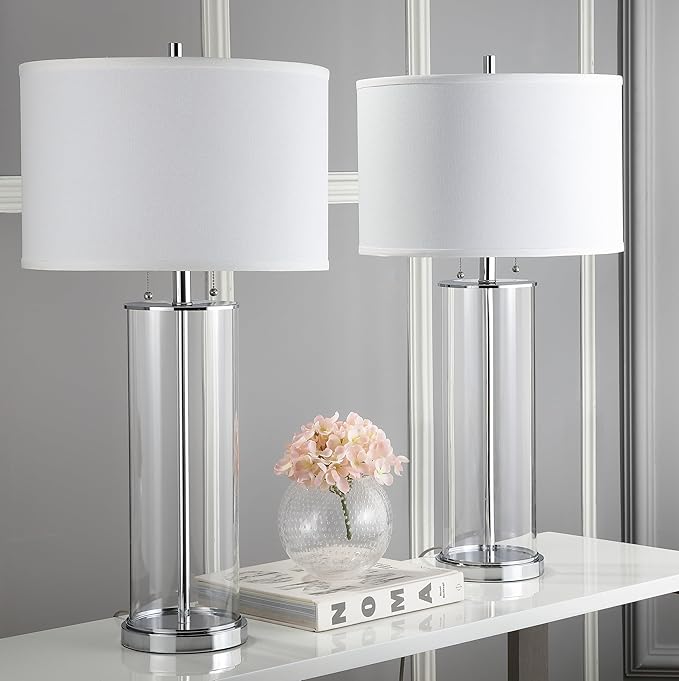 SAFAVIEH Lighting Collection Velma Modern Contemporary Clear Glass Pull Chain 31-inch Bedroom Living Room Home Office Desk Nightstand Table Lamp Set of 2 (LED Bulbs Included)