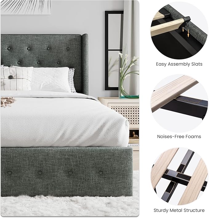 SHA CERLIN Full Size Lift Up Storage Bed Frame,Button Tufted Wingback Headboard,Upholstered Platform,Hydraulic Storage,Wooden Slat Support,No Box Spring,Dark Grey
