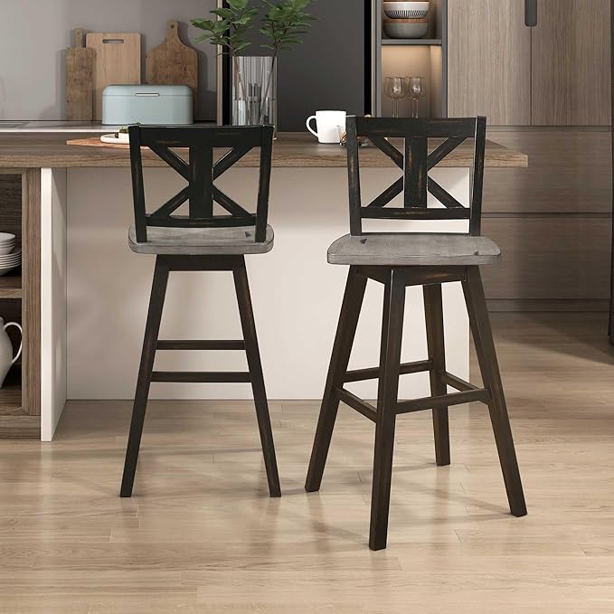 Lexicon Bar Height Bar Stools Set of 2-Solid Wood Frame 360° Swivel Wooden Stools, Foot Rest, X Back, Wide Seat, Distressed Farmhouse Easy to Clean Finish, 28.5" SH, Antique Black/Grey