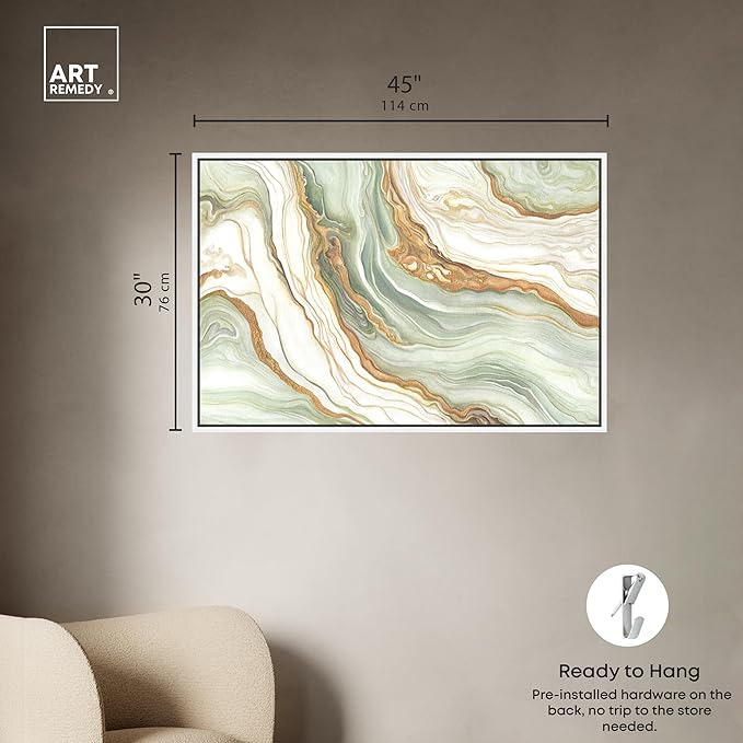 Art Remedy Green And Gold Framed Mineral, Agate & Geode 1 Piece Canvas Wall Art, 46" x 31", White Frame