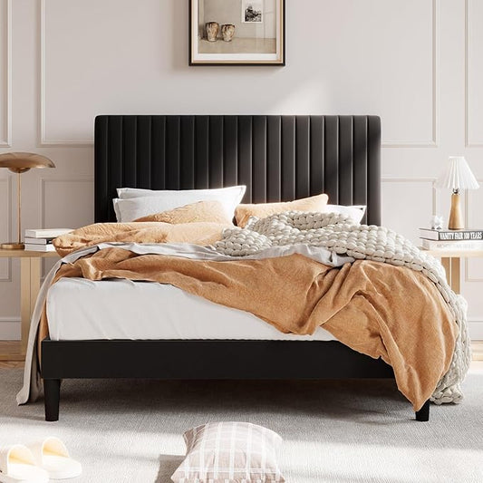 SHA CERLIN Full Upholstered Platform Bed Frame with Adjustable Headboard/Vertical Channel Tufted Velvet Fabric/Wooden Slats Support/Mattress Foundation/Box Spring Optional/Black