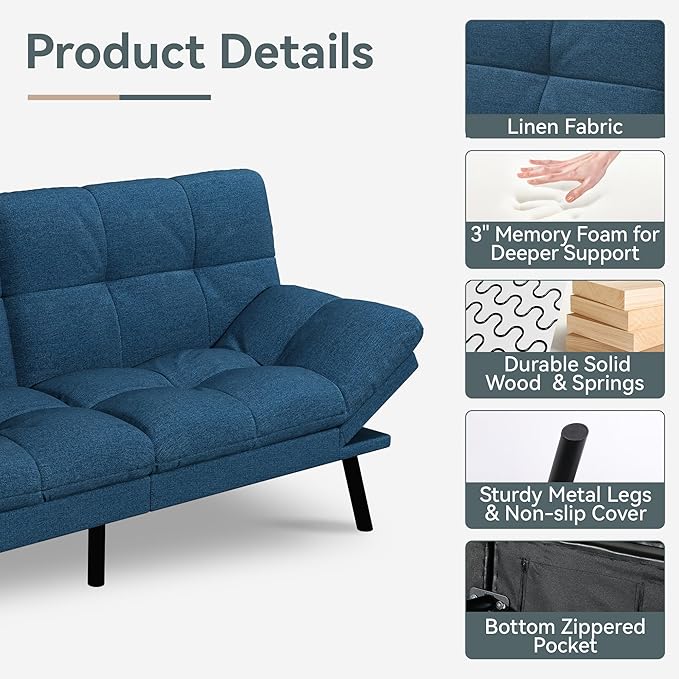 Futon Sofa Bed Convertible Couch, Blue Linen Sofa Bed with Memory Foam, Adjustable Backrest & Armrests, Multifunctional Small Loveseat Sleeper Sofa for Living Room, Apartment, Office