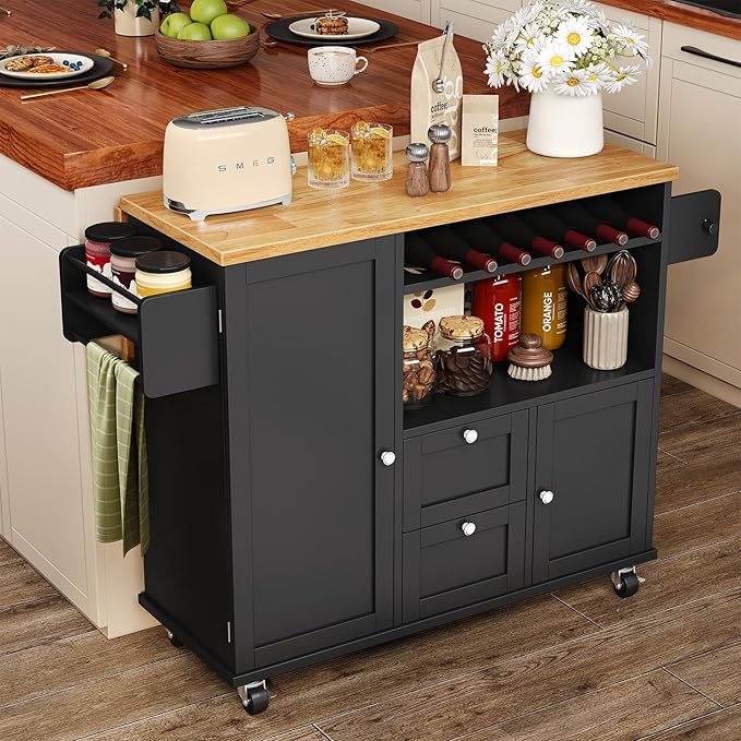 Rolling Kitchen Island with Storage Cabinet, 41.3'' Width Kitchen Cart with Desktop Drop Leaf Countertop, Portable Mobile Island with Towel Rack, Spice Rack Shelf and Lockable Wheels, Black