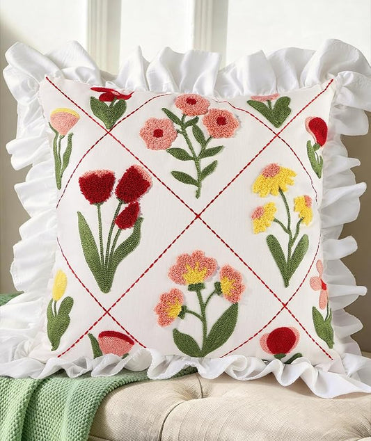 Embroidered Throw Pillow Cover - 18x18 Decorative Pillow Cover with Zipper Aesthetic Cute Design Boho Spring Summer Throw Pillowcase for Living Room Couch Sofa Bed, Ruffle Floral
