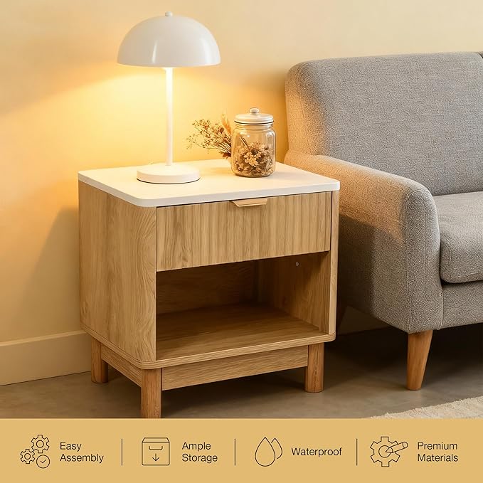 Fluted Dresser with Drawer, Modern Side Table with Faux Marble Top, Natural