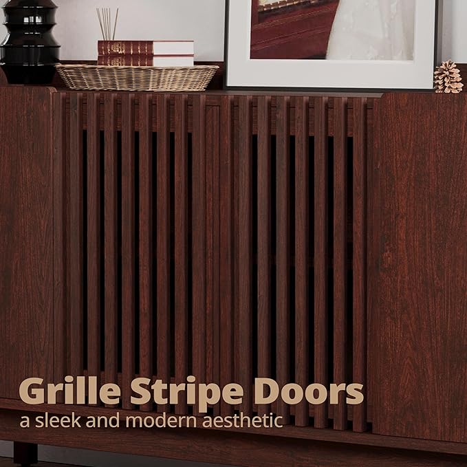 IRONCK Storage Cabinet, Buffet Cabinet with Grille Doors and 2 Adjustable Shelves, Mid Century Sideboard for Kitchen, Dining Room, Entryway（Natural Red Walnut）