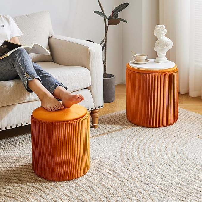 IBUYKE Round Ottoman with Storage Set of 2 Boucle Ottoman End Table for Living Room Vanity Stool Velvet Footrest Stool Bar Stool UWBD005J