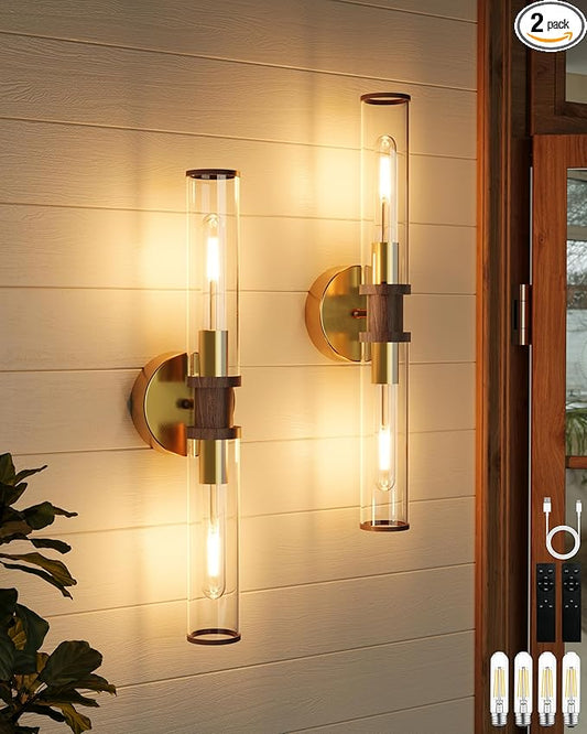 Battery Operated Wall Sconce Set of 2, Gold & Walnut Rechargeable Wall Sconces, Modern Cordless Wall Lights with Remote Control, Dimmable for Living Room, Bedroom, Bathroom, Hallway, Entryway 3000K