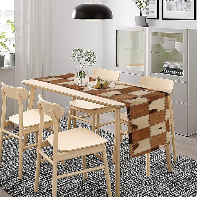 Cowhide Table Runne Bohemian Rustic Vintage Spotted Cow Fur Skin Texture Wild Animal Farmhouse Dining Table Decoration for Kitchen Dining Room 13x90in