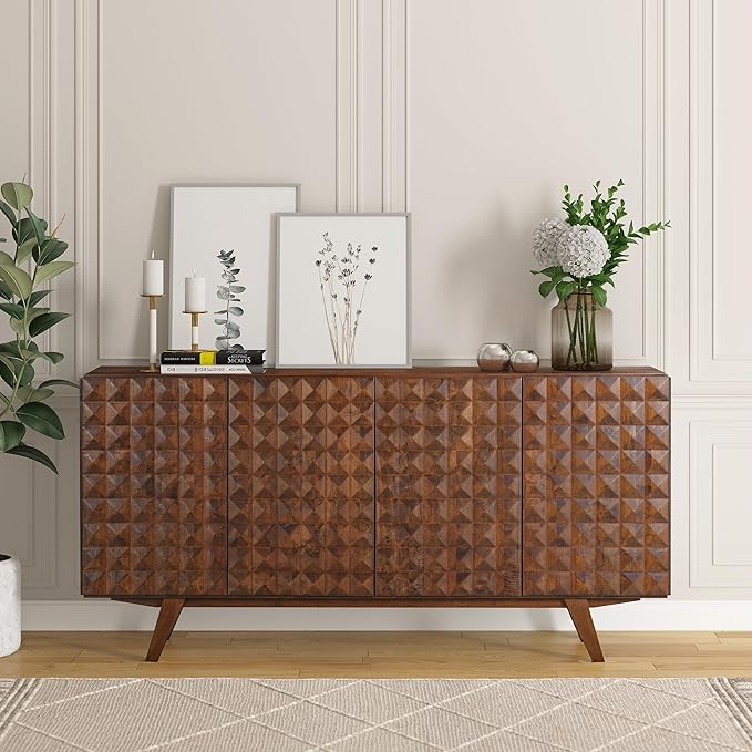 NTC Sapa Mid-Century Modern Solid Wood Sideboard – 4-Door Accent Buffet Cabinet with Carved Geometric Fronts, for Living Room, or Entryway, Effortless Assembly, Dark Walnut