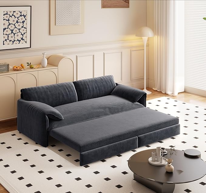 Eafurn 66" Convertible Sofa Bed Queen Size, 3-in-1 Pull Out Sleeper Couch Sofabed, Modern Velvet Loveseat Chaise Lounge w/Side Storage Pocket for Living Room Office | Removable Cushions