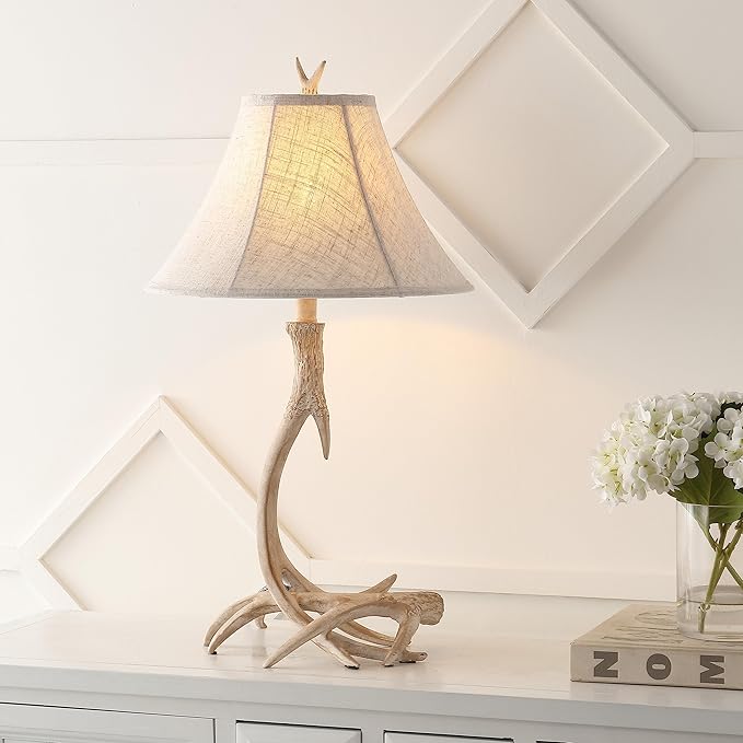 JONATHAN Y 27.5" Beige Antler Rustic Resin Table Lamp for Living Room Bedroom, Light Grey Linen Shade, Farmhouse Lodge Nightstand Lamp, LED Bulb Included (JYL6305B)