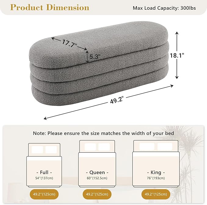 Boucle Storage Ottoman Bench for Bedroom 49.2 Inch Upholstered Modern Bedroom Bench with Storage Oval Large End of Bed Bench with Storage for Living Room, Entryway(Gray)