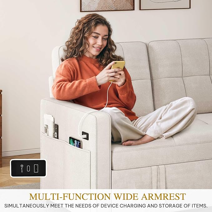 YITAHOME 55" Convertible Sofa Bed, 3-in-1 Sleeper Sofa with Pull-Out Bed, Cat-Scratch-Proof Futon Couch with 5-Levels Reclining Backrest, USB and Side Pocket, Modern Loveseat for Living Room, Beige