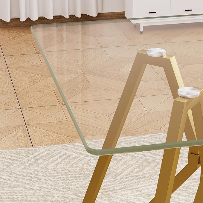 KEIKI 47.3 in Rectangular Glass Dining Table, Suitable for 1-6 People, Modern Style Home Kitchen Dining Table, Equipped with Sturdy Metal Table Legs, Suitable for Dining Room, Living Rooms, Gold