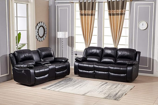 Betsy Furniture Power Reclining Bonded Leather Living Room Set (Black, Sofa+Loveseat)