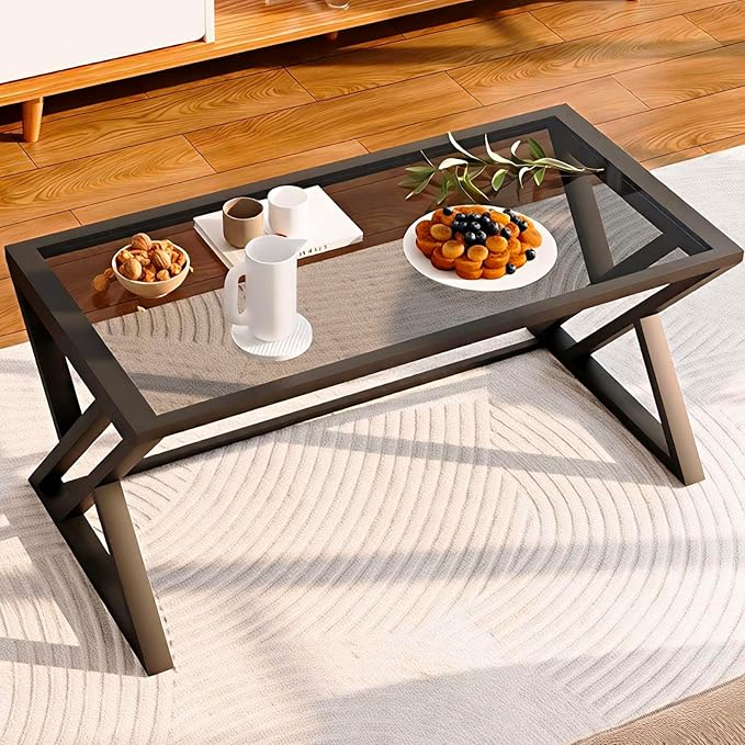 Coffee Table Grey Glass Coffee Table for Living Room,Modern Rectangular Center Table with Sturdy Metal Frame,Tempered Glass Table Tea Tables for Bedroom Home Office
