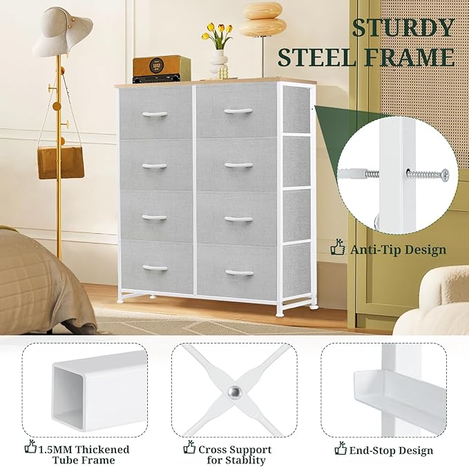 8-Drawer Dresser for Bedroom, Anti-Tip Tall Storage Organizer Chest of Drawers with Wooden Top and Metal Frame Fabric Bins for Closet, Living Room, Hallway, Entryway, Light Gray