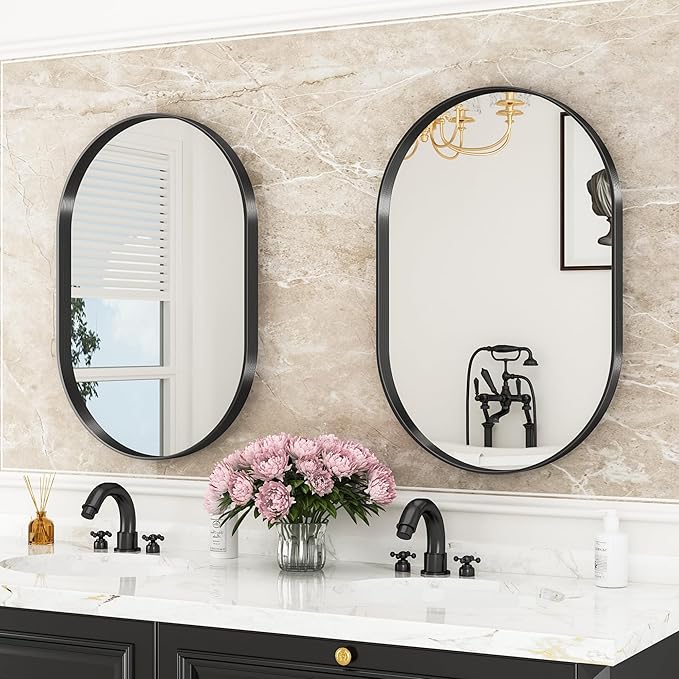 Suidia 2-Pack 22" x 30" Bathroom Mirror, Bathroom Vanity Mirror Metal Framed, Wall-Mounted Mirrors for Bedroom, Living Room, Entryway, Hallway, Black, Oval Style