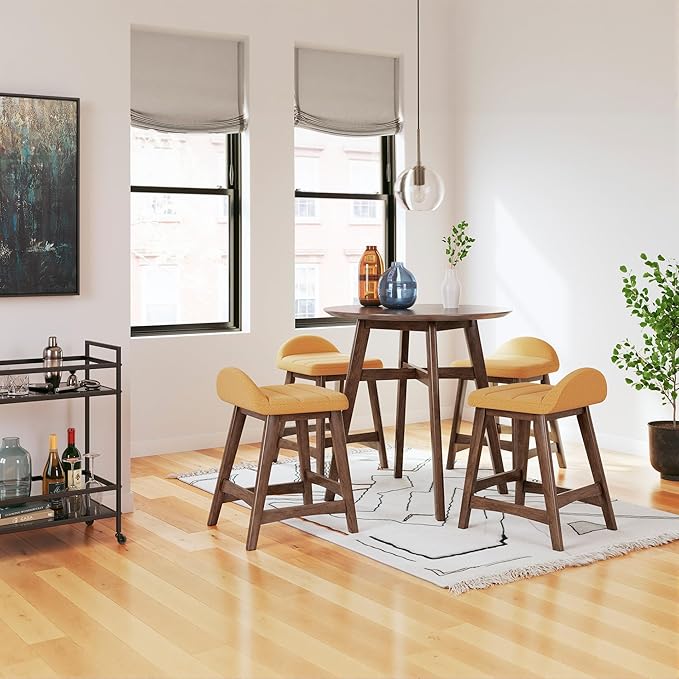 Signature Design by Ashley Lyncott Contemporary 24.25" Seat Height Counter Height Upholstered Bar Stool with Foam Cushion, 2 Count, Mustard Fabric, Solid Hardwood Frame with Brown Finish