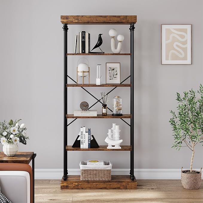 CABIHOME Bookshelf Industrial Bookcase Wooden Storage Open Rack Shelf with Metal Frame Rustic 6 Tier Tall Standing Bookshelves Large Display Rack for Bedroom,Living Room and Home Office