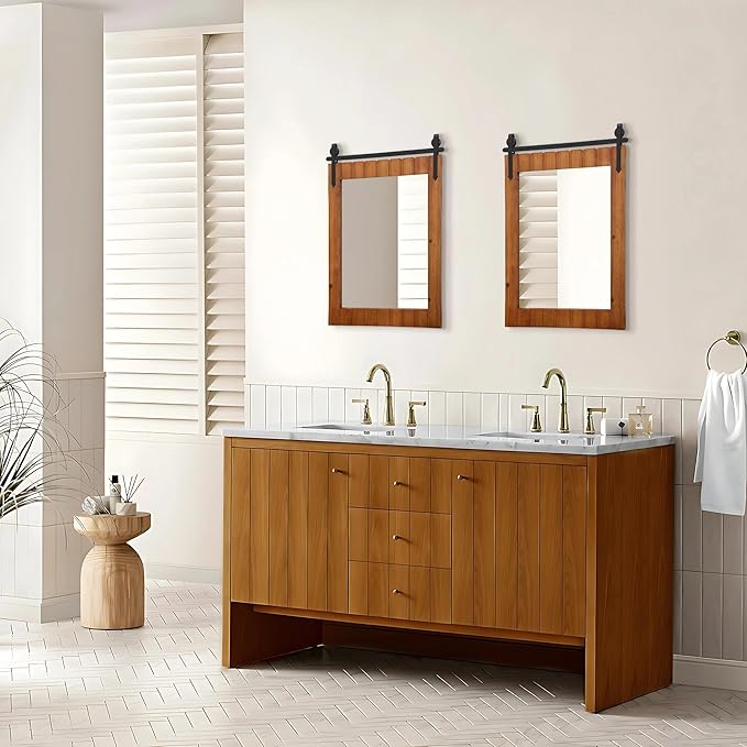 Besdomus Bathroom Rustic Large Mirror: 24"x36" Brown Barn Door Solid Cedar Wood Frame Vanity Mirror - Farmhouse Wall Mounted Mirror for Hallway/Living Room/Bathroom - Home Decor for Fashion-Conscious
