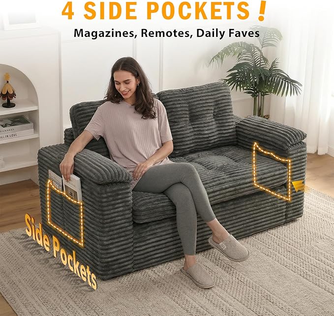 Loveseat Sofa, 58in Boneless Cloud Couch for Living Room 2 Seater Modern Lounge Sleeper Couch with Removable Cover Corduroy Sofa with Armrest Dark Grey
