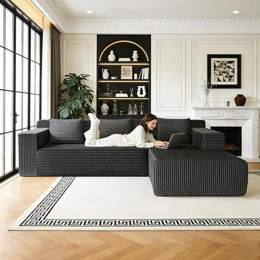 HonTop Modular Sectional Sofa L-Shape Couch, Upholstered Boneless Corduroy Fluffy Couch for Living Room, Deep Seat with Pillow Backrest, No Assembly Required (Grey, Right Facing Chaise) | Friendly Size, Flexible Modular, Family Pet-Friendly, Soft Cordu...