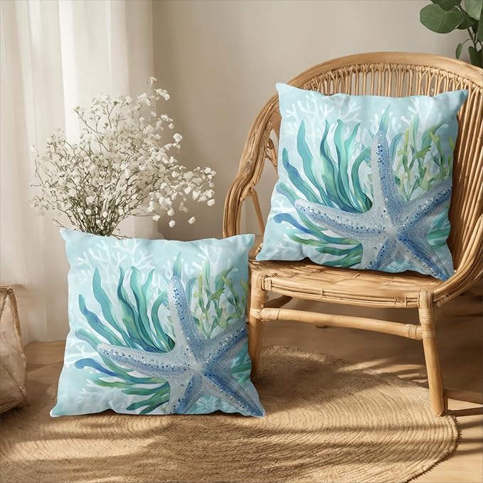 Coastal Starfish Pillow Covers 16x16 Set of 2 Nautical Beach Themed Outdoor Throw Pillow Cases Summer Ocean Coral Seagrass Decorative Cushion Covers for Bed Couch Sofa Living Room