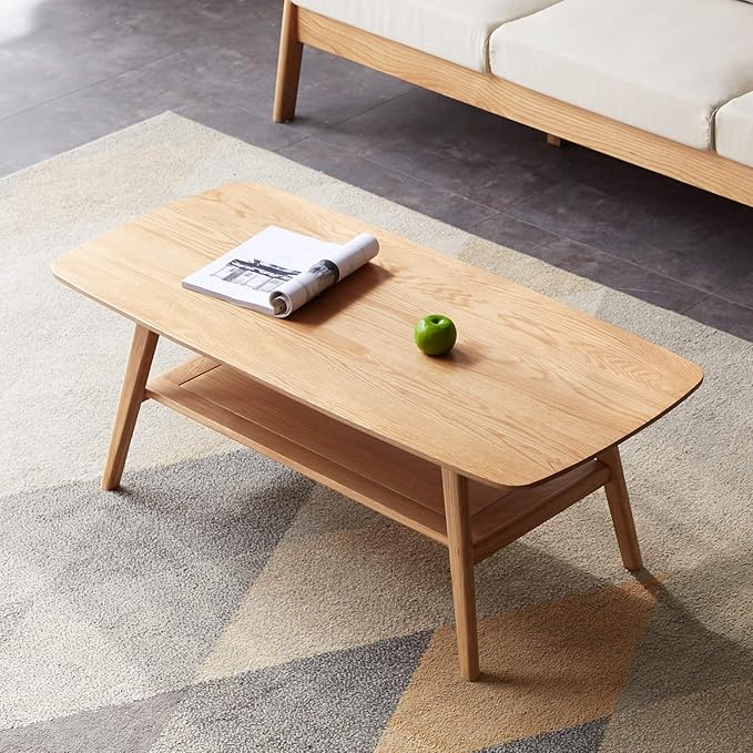 Ball & Cast 39.37" Solid Wood Coffee Table, Mid Century Center Table with Shelf Storage, 2-Tier Small Coffee Table with Rounded Edges for Living Room, Easy to Assemble,Oak