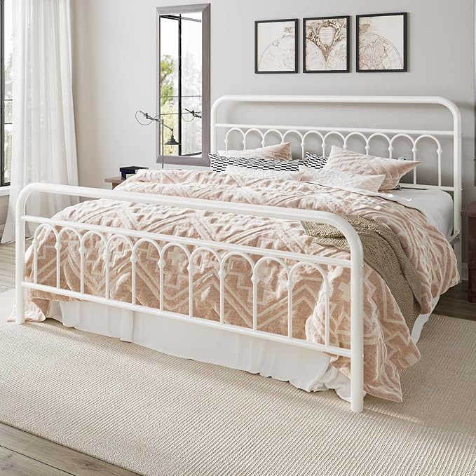 Allewie 14 Inches King Size Metal Platform Bed Frame with Victorian Style Curved Iron-Art Headboard/Footboard, Metal Slats Support, Easy Assembly, Under Bed Storage, No Box Spring Required, White