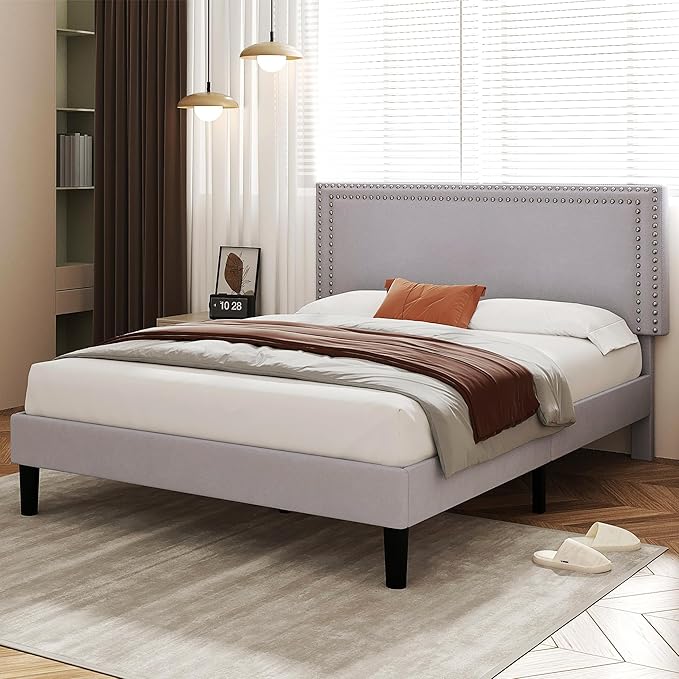 VECELO Full Size Bed Frame with Adjustable Upholstered Headboard, Wooden Slats Platform, Noise-Free Design, No Box Spring Needed, Easy Assembly