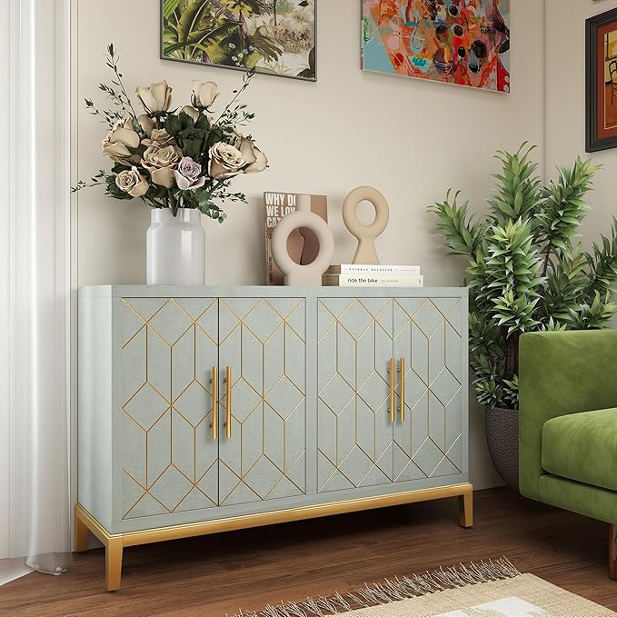 47.8" Accent Storage Cabinet with 4 Doors, Modern Sideboard Buffet Cabinet with Gold Lines, Wood Decorative Credenza with Storage for Living Room, Kitchen, Dining Room, Entryway, Green