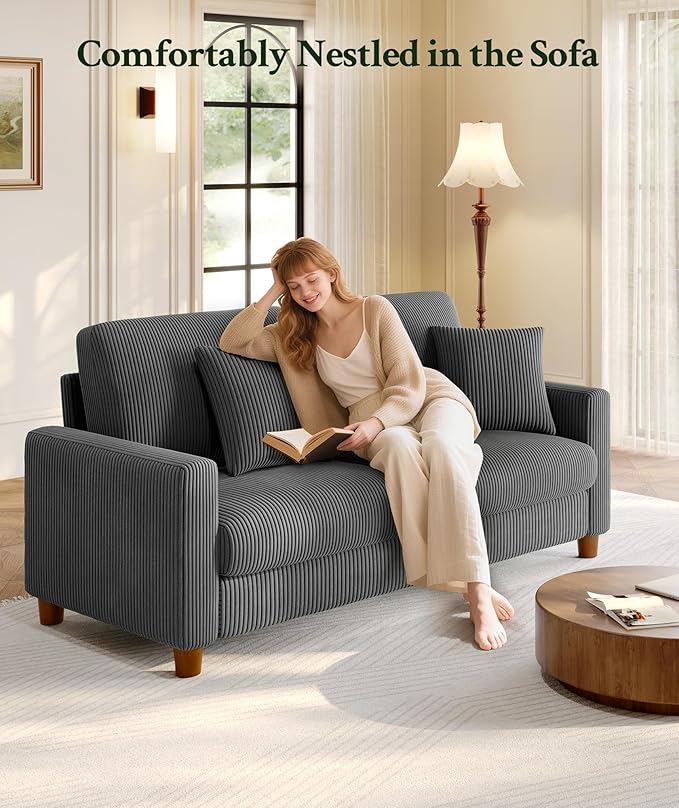 Welzona 70.2" Couches for Living Room, Comfy Grey Couch 7.1" Extra Thick Cushion, Sofas for Living Room Tool-Free Setup, Loveseat Sofa 705lbs Support, Corduroy Couch for Bedroom, Apartment, Office