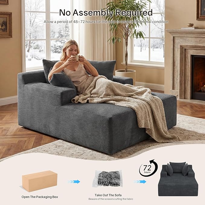 66" Chaise Lounge Chair Indoor, Oversized Boneless Lounge Chair with 3 Pillows, Corduroy Cloud Reading Chair for Living Room Bedroom, Deep Seat Sleeper Couch, No Assembly Required