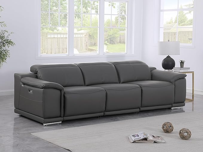 BlackJack Furniture Venice Top Grain Italian Leather Dual Power Recliner Sofa - 107" Theater Seating Modern Couch for Living Room Apartment Lounge Home with Adjustable Headrests & USB Port, Dark Grey