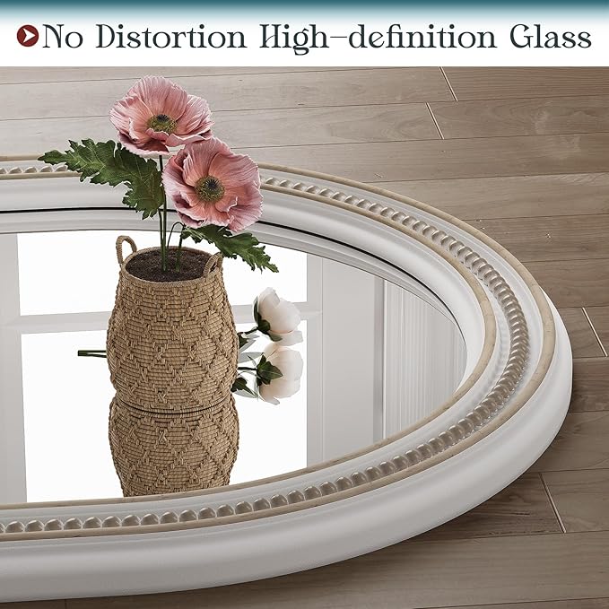 Farmhouse Oval Bathroom Boho Wall Mirror, 20" x 30" Antique Oval Bathroom Mirrors Over Sink, Wooden Wall Mirror for Bedroom, Living Room, Hallway, Vertical or Horizontal Hanging